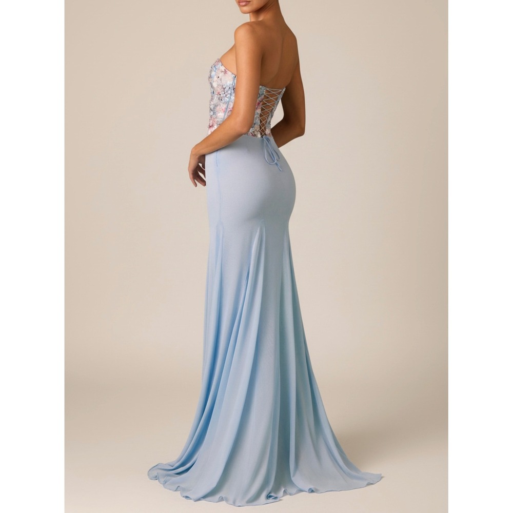 Oh Polly Blue Floral Embroidered Corset Maxi Dress Lace Up Back US 4 New - Picture 4 of 10